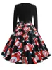 Vestidos de Navidad de invierno Mujeres 50S 60s Rata de túnica Vintage Pinup Elegant Party Dress Manga larga Casual Talla impresa Black 220316