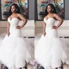 Vintage Sexy African Mermaid Bröllopsklänningar Sweetheart Illusion Lace Appliques Crystal Beaded Ruffles Tiered Organza Formella Brudklänningar 2022