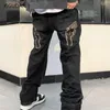 Мужские джинсы Baggy Men Y2K Модельер Черная звезда Брюки с принтом Низ Уличная одежда Повседневная заниженная талия Свободные прямые джинсовые брюкиМужские
