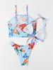 Sexy print bloemen geknoopte bikini vrouwelijk zwempak 2022 Afrikaanse print drie-stuks bikini set High Cut Thong Swimsuit