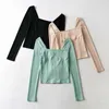 Women's T-Shirt Women Patchwork Square Collar T Shirt Casual Long Sleeve Elastic Slim Knitted Top Elegant Basic Solid All Match Pullover Aut