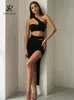 Singreiny Women Summer Knit Dwuczęściowe zestawy SKEW KLARY Seksowne krótkie top  elastyczna talia podzielona długa spódnica moda Solid garnitury 220509