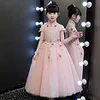 Flower Girls Dresses Stereo Flower Applique Dew Shoulder Princess Dress for Kids spets Tulle Long Dress Ball Gown Children Pageant Dress