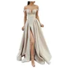 A-line sukienka na studniówkę 2022 Spring Satin Off the ramię V Neck High Slit Długość wieczorowej suknia Formalna elegancka vestidos de gala
