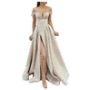 Sexig A-Line Prom Dress Spring Satin Off The Shoulder V Neck High Slit Long Evening Gown Formal Elegant Vestidos de Gala