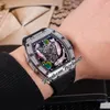 Super Edition Miyota Automatic Mens Horloge Verdichte Diamanten Case Case Skeleton 3D 3 Fish Playing Water Lotus Blad Kleur Dial Black Rubber Puretime01 5701