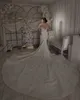 Robes de mariée sirène vintage sans bretelles perles perlées manches longues dentelle luxueuse appliques perlées bijou sexy col en V robe de mariée balayage train robe de mariée
