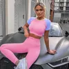 Seamless Sport Set Women Pink Two 2 Piece Crop Top T Shirt Shorts Yoga suit Workout Active Outfit Fitness Gym Sets 220616
