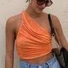 One Shoulder Crop Top Women Ruched Short Tank Sexig Kvinnors Sommar Vit Svart Grön Orange Beskuren Cami S Y2K 220419