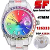 SF Senaste BL126333 A2824 Automatisk herrklocka JH126331 EW126284 Rainbow Dial Square Diamond Bezel 904L Steel Iced Out Diamonds Armband Evitity SMYECTICE WACKES