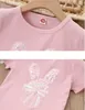 Moda coreana Abbigliamento per bambini T-shirt per ragazze 2022 Estate Nuovo O-Collo a maniche corte T-shirt casual Ragazza Cute Cartoon Bunny Paillettes Top in cotone