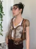 Brown Vintage Lace T Shirt Crop Top Short Sleeve See Through Sexy Mesh Woman Tshirts V Neck Up Floral Kawaii