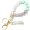 9 Colors Wooden Tassel Bead String Bracelet Keychain Food Grade Silicone Beads Bracelets Women Girl Keyring Wrist Strap