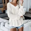 Autumn Off Shoulder Sweater Women V Neck Sweater Ladies Long Sleeve Loose Knitted Sweater Pullover Women Purple 201204