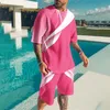 Roupas masculinas roupas de tamanho grande masculino masculino shorts de camisetas impressos em 3D Conjunto de roupas esportivas de roupas esportivas o pescoço de manga curta rosa 2pcs