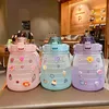 Cute Girls Water Bottle with Stickers Straw Big Belly Cup 1500ml Sports for Jug Children Female Kettle Strap 220307