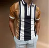 Camisa polo masculina de verão casual streetwear listra impressão camisas topos marca manga curta com zíper camiseta roupas masculinas