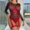 3 pièces Lingerie érotique ensembles transparents femmes maille noire transparente Push Up voir par body avec jarretière sensuelle intimes L220727