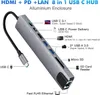 Hub USB C di design di lusso 8 in 1 adattatore HDMI Type C da 3.1 a 4K con lettore di schede SD/TF RJ45 Dock USB Thunderbolt 3 a ricarica rapida PD per MacBook Pro