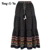 Fashion Bohemian Long Skirt Womens Elegant Holiday Summer Casual High Elastic Waist Floral Print Sea Blue Retro 220805