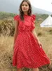 شيفون دريس أنيقة الصيف الأزهار المطبوعة كشكش A-LINE Sundress ملابس غير رسمية لركبتي الفساتين الحمراء للنساء 220517