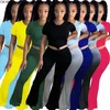 CM.YAYA Mode Solide Femmes Ensemble À Manches Courtes T-shirt Large Jambe Flare Pantalon Maigre Jogger Costume Deux Pièces Ensemble Survêtement Tenues T200826