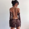 Vestidos informales Summer Sexy Vestido sin espalda Patr￳n de leopardo mangas acampanadas Mini ropa de moda