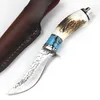 R7106 Damascus Survival Straight Hunting Knife Damascuss Steel Drop Point Blade Horn & Steel Head Handle Fixed Blades Knives with Leather Sheath