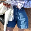 BGTEEVER décontracté taille haute droite jean Shorts été poches lâche femme bleu Denim Shorts dames haute rue bas 220527