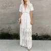 Ordifree Summer Boho Women Maxi Dress Loose Embroidery White Lace Long Tunic Beach Dress Vacation Holiday Clothes 220504