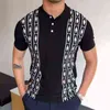 Vintage Polo Shirt Men Stripe Print Patchwork Knitting Casual Lapel Pullover Summer Fashion Men krótki rękaw Slim Polo Shirt L220704