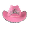Basker kreativa rosa tiara cowgirl hat cap för kvinnor flickor bling wide brim fedora cowboy western stil födelsedag cosplay party hatsberets