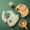 Bite Bites 1SET Silicone Baby Feeding Tableware Bamboo Wood Dinner Plate With Suction Cup Easy To Clean Children's Tableware 220624