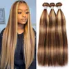 Brazilian Human Hair Weaves Highlight Straight 3 Bundles P4/27 Honey Blonde Brown 100g/pc2827