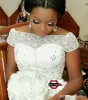 Bling African Nigeria sjöjungfru bröllopsklänningar från axelkristallpärlor Tiered Ruffle Court Train Custom Plus Size Formell Bridal Gown Ba6139