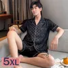M 5xl夏の短い黒い格子縞のシルクパジャマ2pc大5xlセット3xl luxury pijama hombre loungewear Homewear 220628
