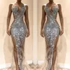 Sexy Silver Sequined Mermaid Prom Dresses Front Split See Through Evening Gown Special Occasion Party Dress