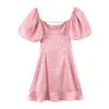 فساتين غير رسمية رجعية النساء جاكار ليوبارد الوردي الساتان الصغير فستان مثير مرونة قصيرة الفانوس