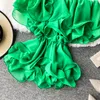 Summer Spring Multi Ruffles Slash Neck Women Bluses Shirts Petal Sleeve Loose Blue Women Women Solid Chiffon 2022