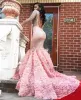 Pink Mermaid Prom Dresses Long Sleeves Sexy Illusion Top Backless Sweep Train Handmade Flowers Beading Custom Made Plus Size Evening Party Gown Vestidos