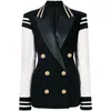 High Street Fashion Stylish Blazer Varsity Jacket Women's Leather Sleeve Patchwork Lion Button Blazer 201008