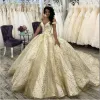 2022 Champagne Quinceanera Dresses Lace Hosted Joted Gold equins of the Counter Custom Made Sweet 16 Princess Prom Pageant Ball Vestidos 401 401