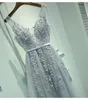 Sexy V-neck Evening Dress Robe De Soiree High Quality Gray Tulle With Appliques Dresses Long Dress Vestido