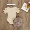 Summer Born Baby Girl Clothes Set Solid Color Short Sleeve Ruffle Romper Tops Flower Short Pants Pannband 3st spädbarnskläder 220509
