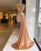 Plus Size Sparkle Sexy Gold Meerjungfrau Abendkleider Pailletten Falten Kurze Prom Kleider Hoher Kragen vestido de novia Nach Maß