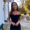 Sexy Bez Ramiączek Backless Feather Czarny Bodycon Bandaża Sukni Projektant Mody Party Vestido