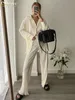 CLACIVE Causal Loose Home Suit Autumn Long Sleeve Blue with High Wasit Pants Set Women Elegant Pleated Beige 2 Piece Pant Sets 220811