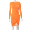 CNYISHE Autumn Women Going Out Dress Fashion Drawstring Ruched es Neon Orange Oneck Long Sleeve Midi Vestidos 220815