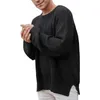 Men's Sweaters Fashion Men Autumn Solid Color Stripe Hem Slit Slim Fit Street Wear O-neck Clothes Long Sleeve Knitted PulloverMen's