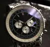 New Men's Quartz Watch Chronograph 46mm Black Dial 316L Silver Steel Strap Sapphire Solide Sold Mens Sports